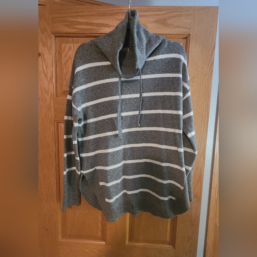 LOFT Gray and White Striped Cowl Neck Sweater